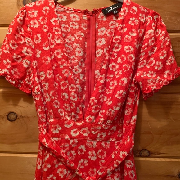 Lulus Garden Explorer Red Floral Print Mini Dress Long V Cut  Belted Sz XS - Picture 4 of 14